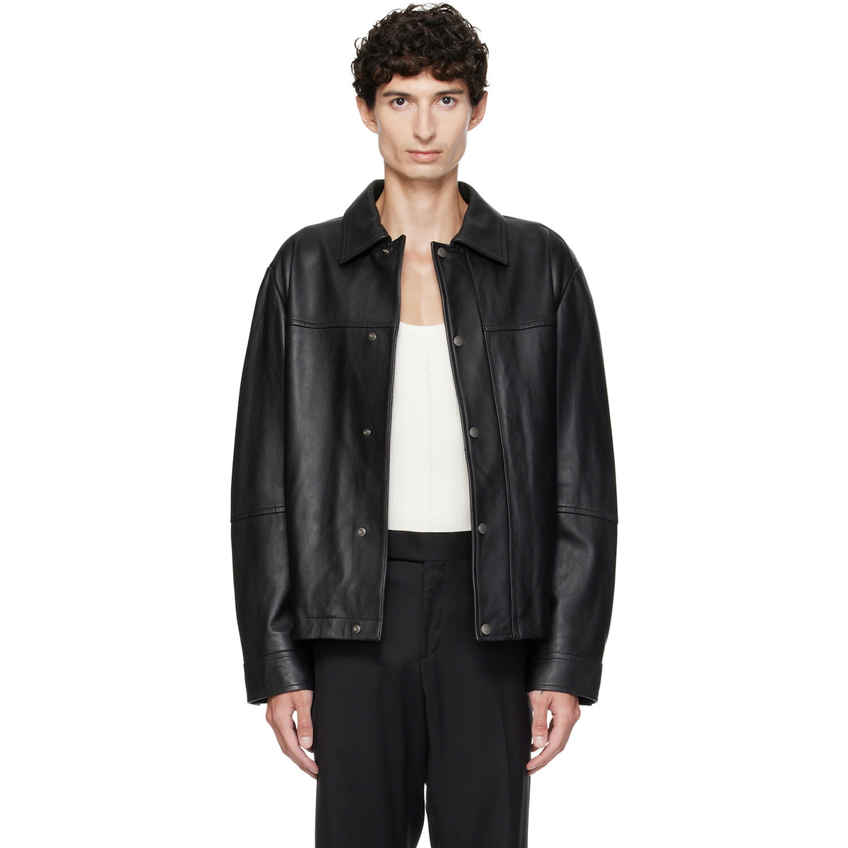 BOSS Black Regular-Fit Metal Logo Buttons Leather Jacket