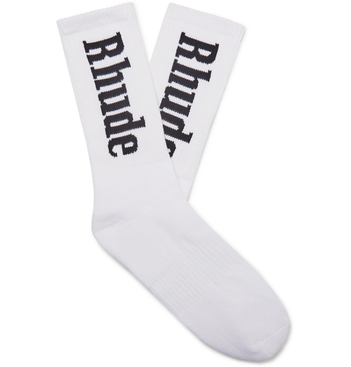 Photo: Rhude - Ribbed Logo-Jacquard Cotton-Blend Socks - White