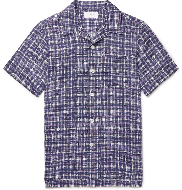 Photo: Mr P. - Camp-Collar Checked Linen Shirt - Purple