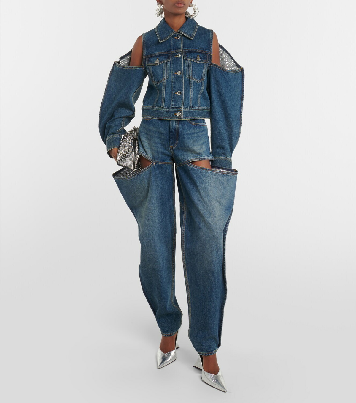 Area Embellished cutout denim jacket AREA