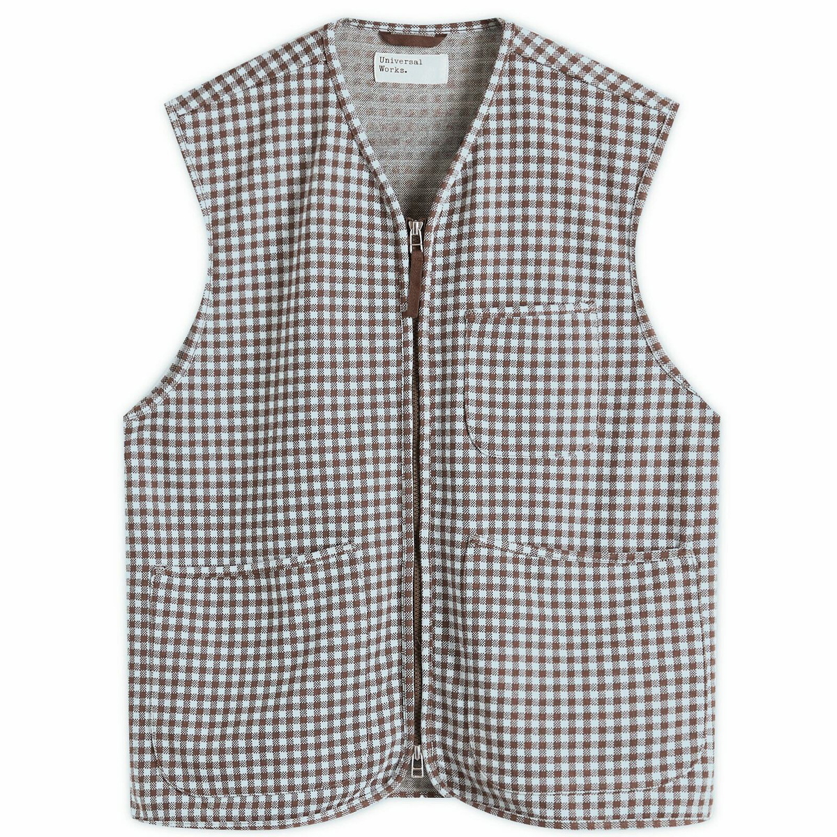 Universal Works Men's Gingham Cotton Zip Gilet in Brown/Sky