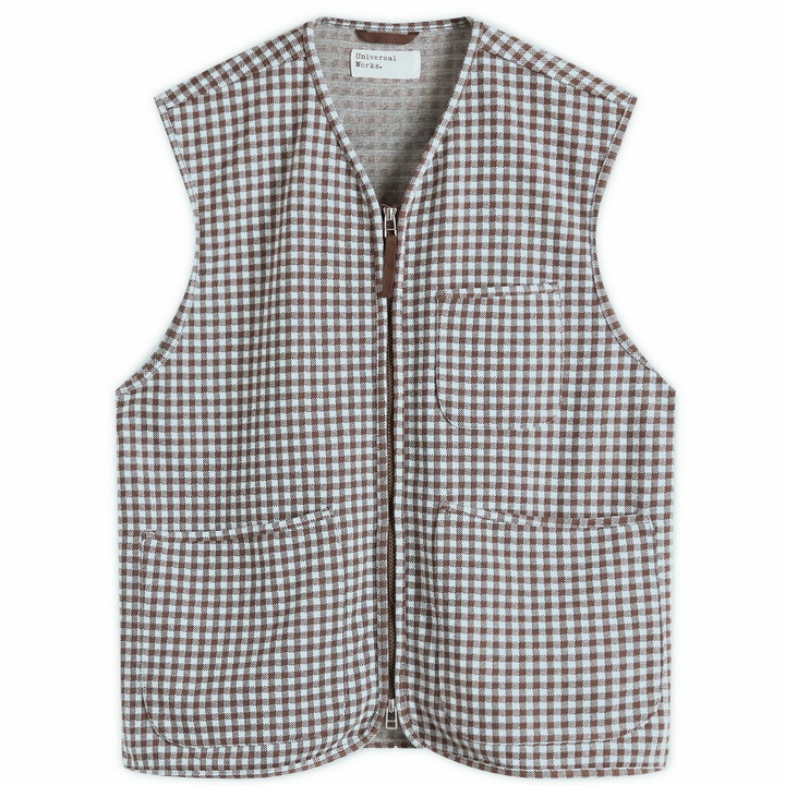 Photo: Universal Works Men's Gingham Cotton Zip Gilet in Brown/Sky