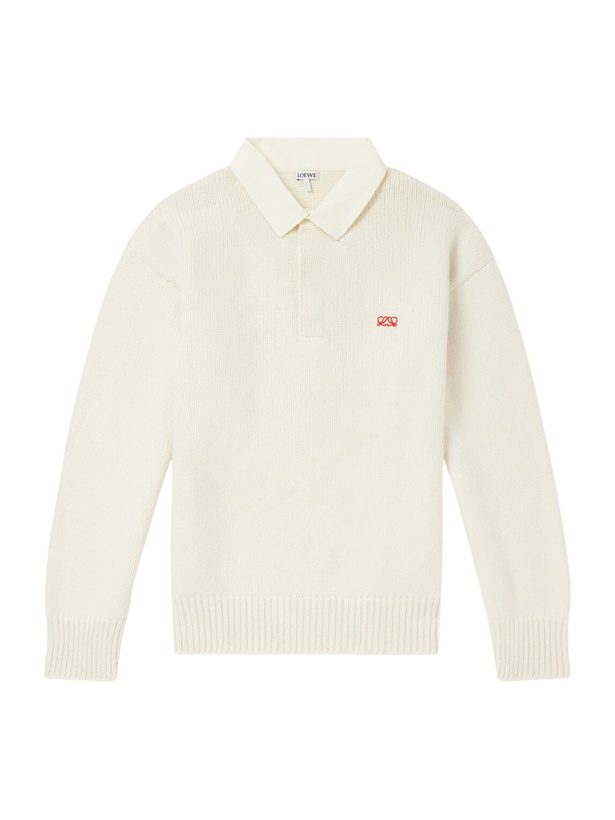 Photo: LOEWE - Anagram-Embroidered Cotton Twill-Trimmed Wool-Blend Polo Sweater - Neutrals