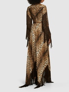 ROBERTO CAVALLI Jaguar Print Satin Fringed Long Dress