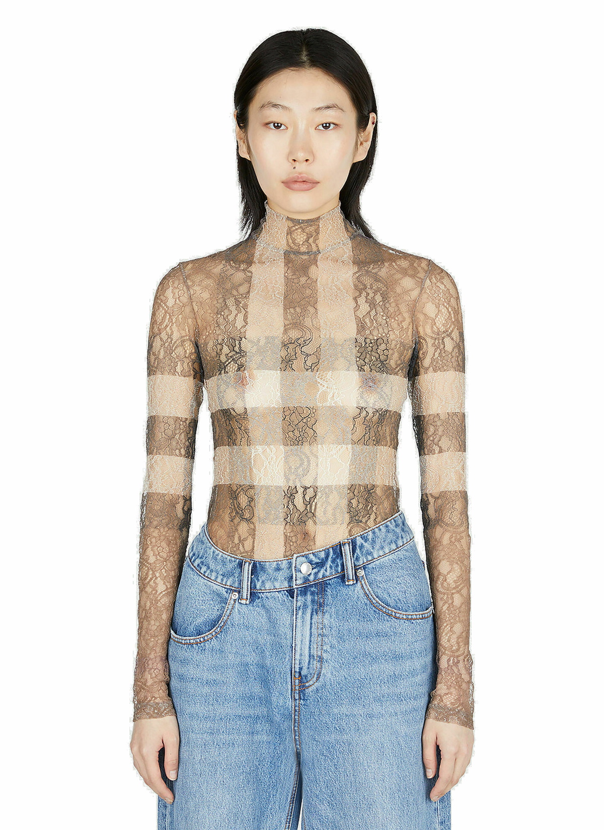 Burberry - Check Lace Bodysuit in Brown Burberry