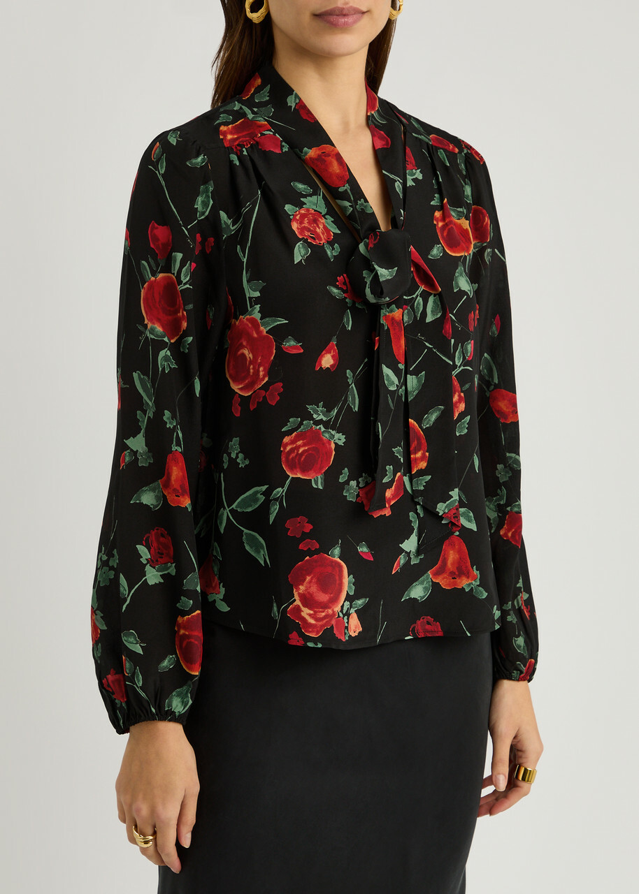 Rixo Moss Floral-print Silk-chiffon Blouse Black