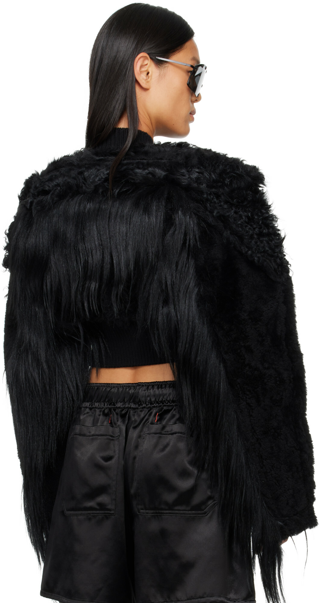 Rick Owens Black Tower Collage Cropped Shearling Bomber Jacket