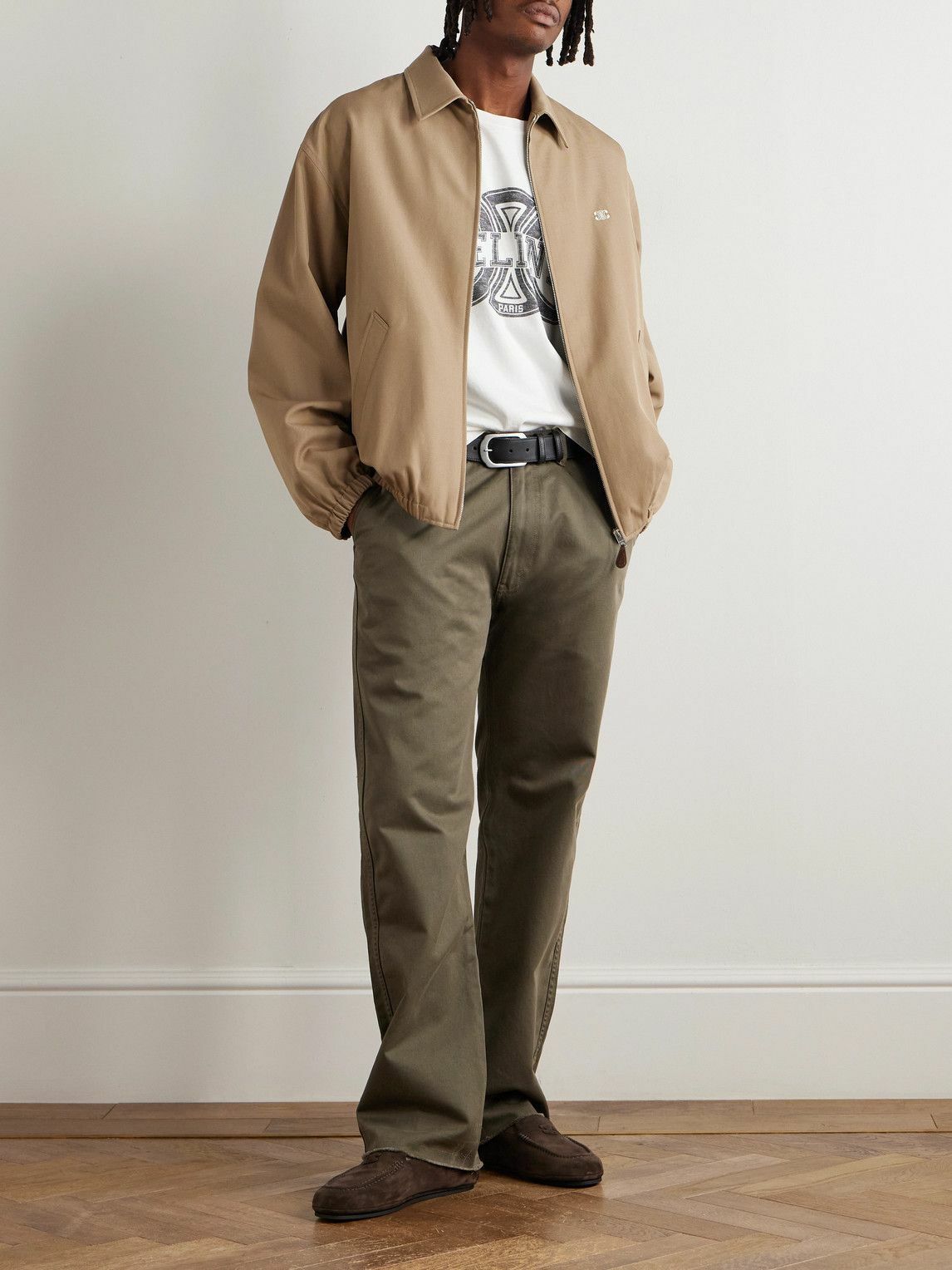 CELINE - Straight-Leg Distressed Cotton-Twill Chinos - Green