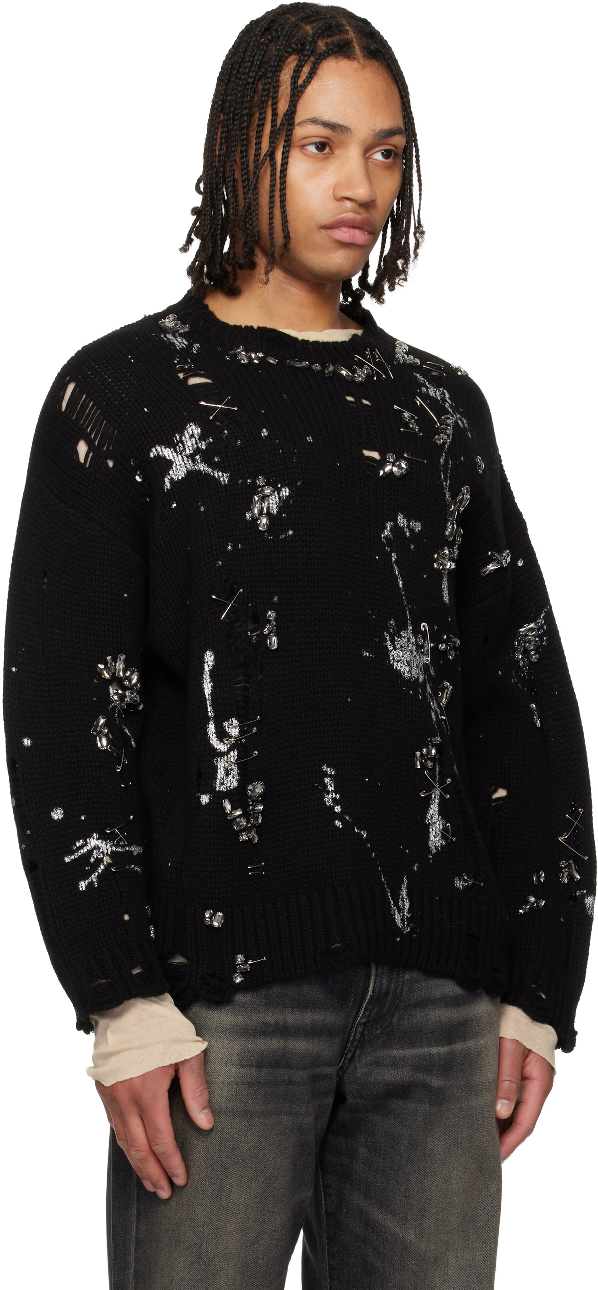 R13 Black Distressed Oversized Crystals & Pins Sweater