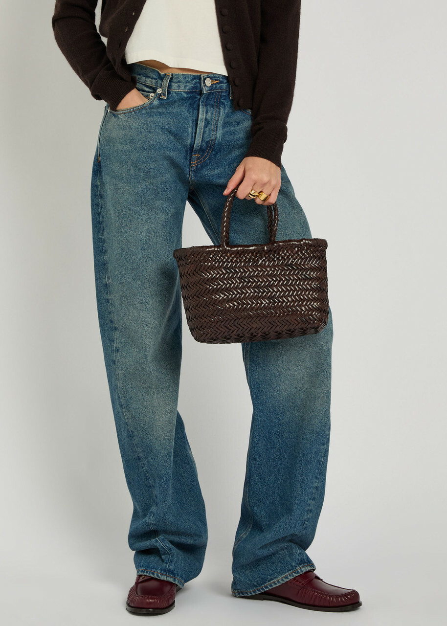 Dragon Diffusion Mini Flat Gora Woven Leather top Handle bag - Dark Brown - One Size