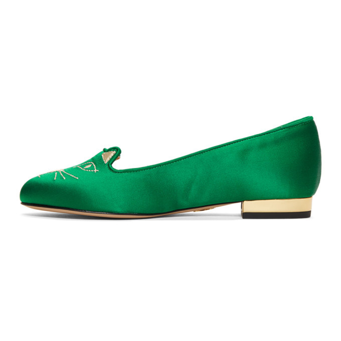 Charlotte Olympia SSENSE Exclusive Green Satin Kitty Loafers