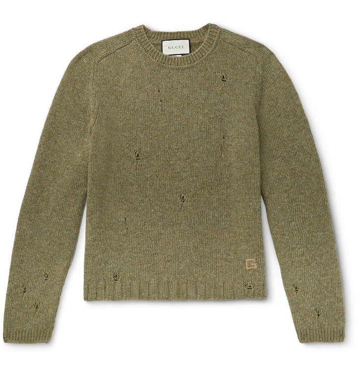 Photo: Gucci - Distressed Shetland Wool Sweater - Green