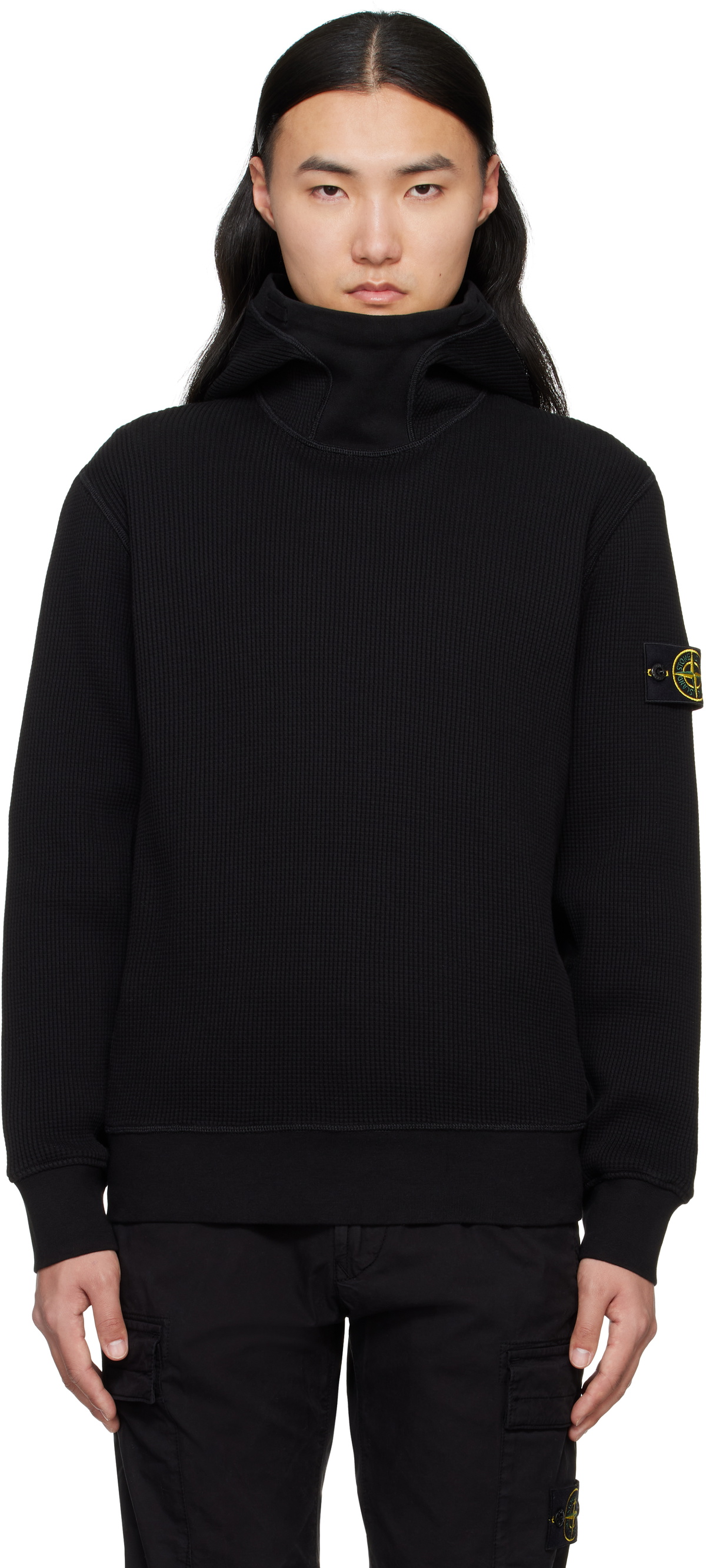 Stone Island Black Organic Cotton Waffle Fleece Hoodie Stone Island