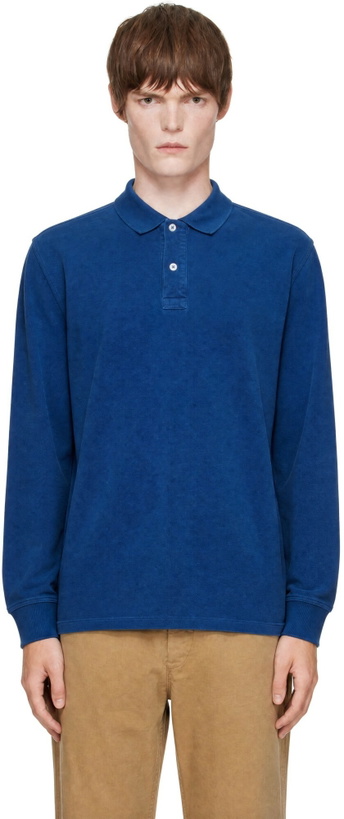 Photo: Drake's Blue Indigo Dyed Cotton Jersey Long-Sleeve Polo