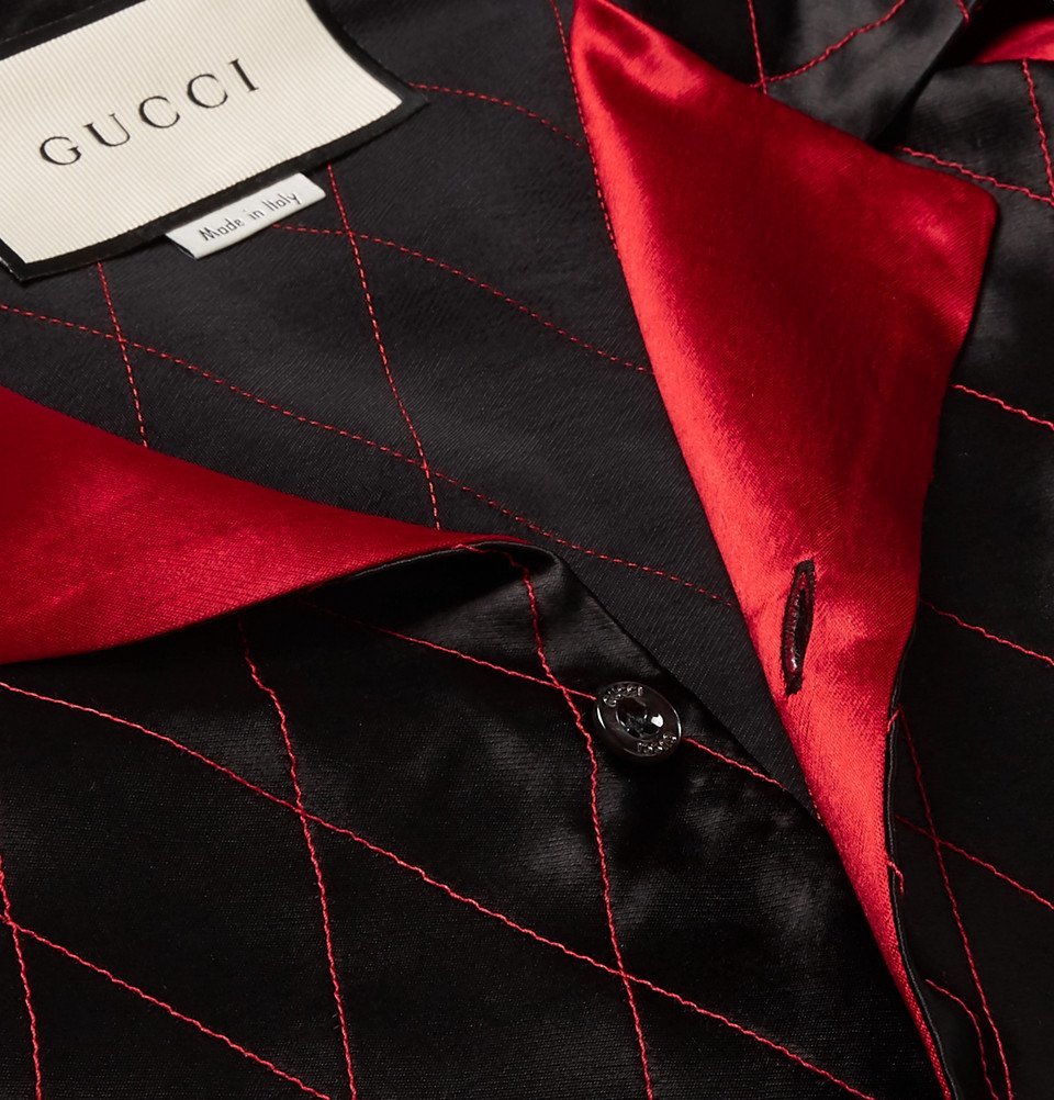 Gucci - Camp-Collar Webbing-Trimmed Appliqud Satin Shirt - Men - Black Gucci Gucci - Camp-Collar Webbing-Trimmed Appliqud Satin Shirt - Men - Black Gucci