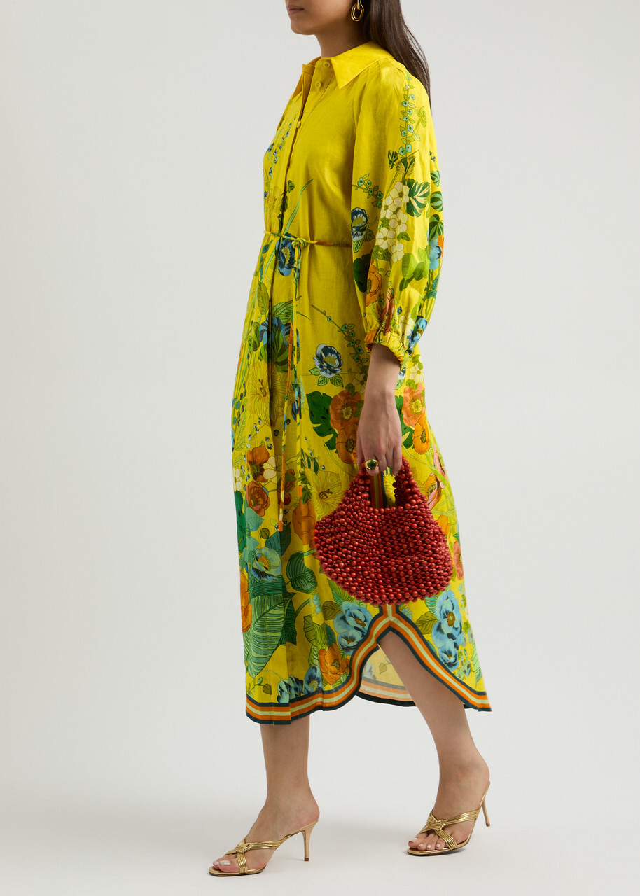 knee length dresses for ladies Zimmermann Crush Asymmetrical Midi Dress Yellow Floral main image 0