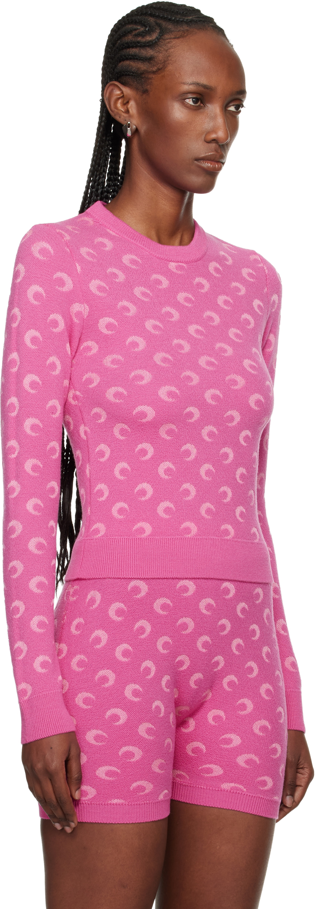 Marine Serre Pink Moon Jacquard Knit Fitted Crewneck Sweater