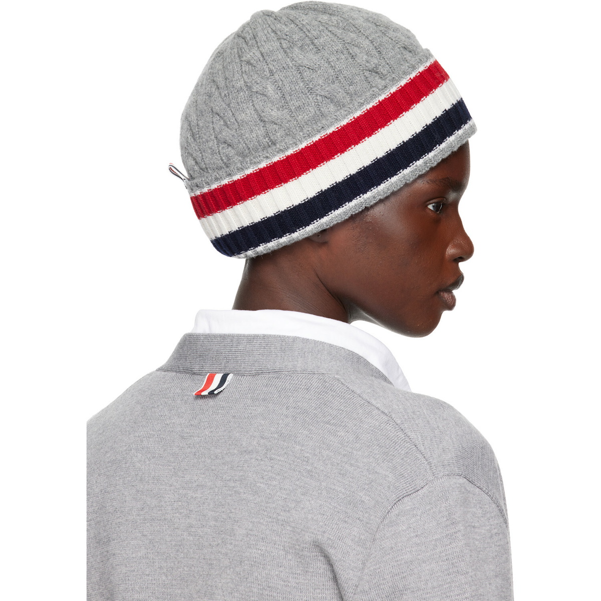 Thom Browne Gray Cable & Rib Merino Wool RWB Stripe Beanie