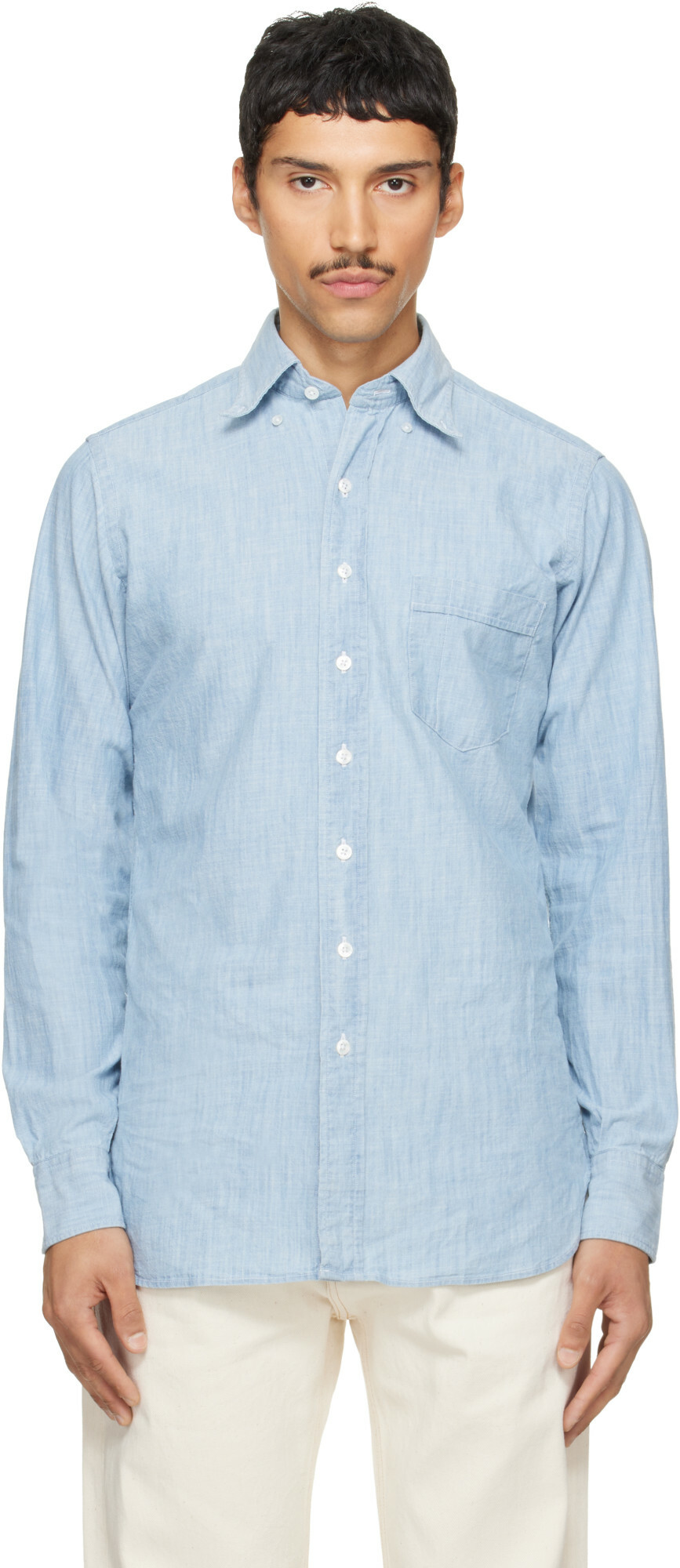 Drake's Blue Cotton Chambray Button-Down Shirt