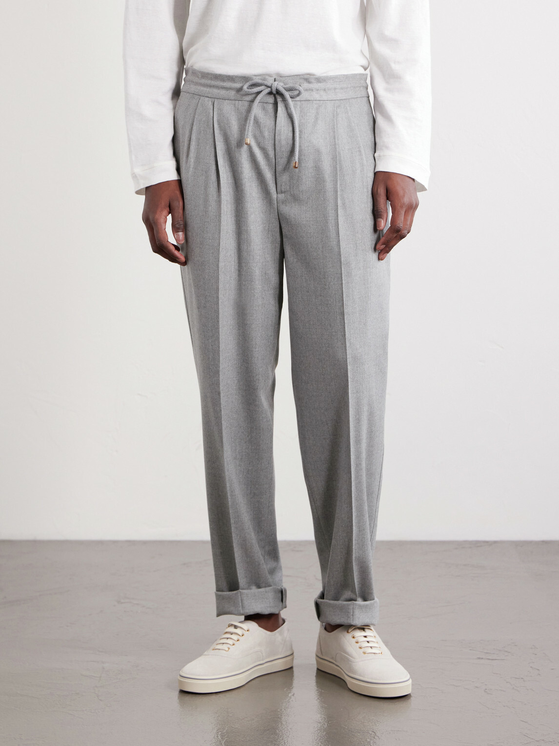 Brunello Cucinelli - Tapered Pleated Virgin Wool-Flannel Drawstring Trousers - Gray