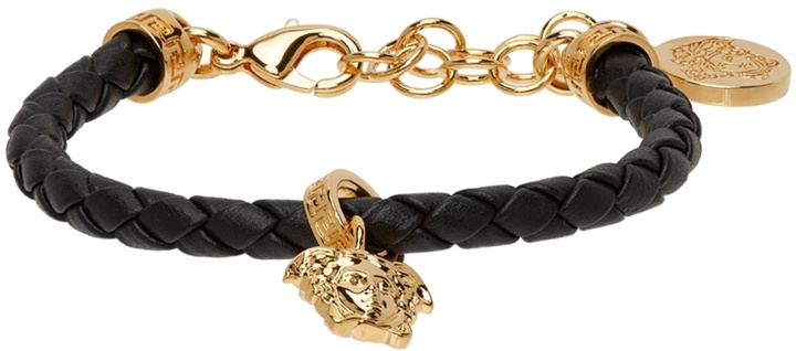 Photo: Versace Black & Gold Leather Braided Charm Bracelet