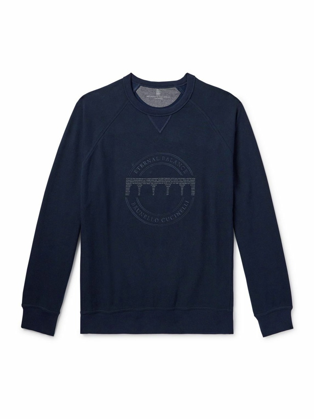 Photo: Brunello Cucinelli - Logo-Embroidered Printed Cotton-Blend Jersey Sweatshirt - Blue