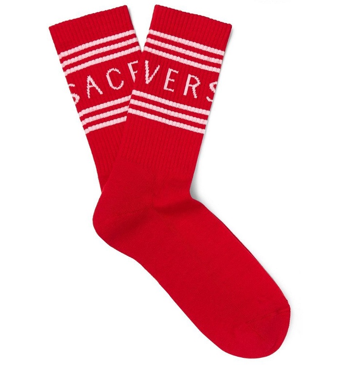Photo: Versace - Logo-Jacquard Ribbed Stretch Cotton-Blend Socks - Red