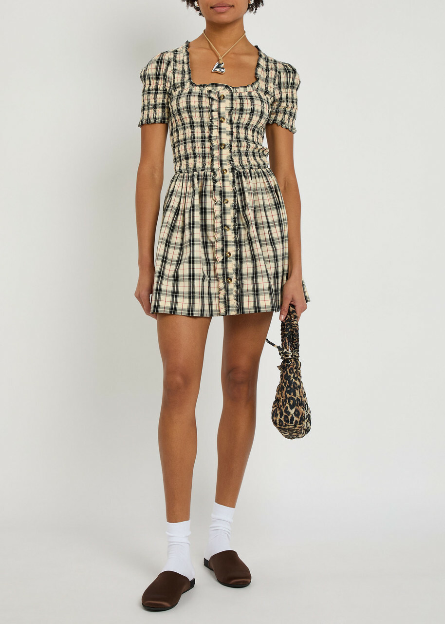 Damson Madder Mansi Plaid Cotton Mini Dress Yellow