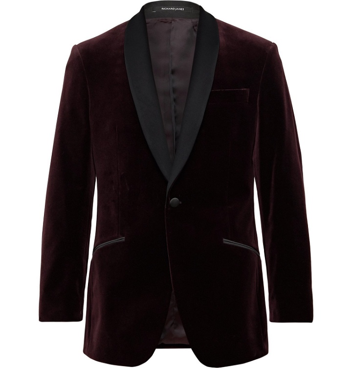 Photo: Richard James - Burgundy Slim-Fit Shawl-Collar Satin-Trimmed Cotton-Velvet Tuxedo Jacket - Burgundy