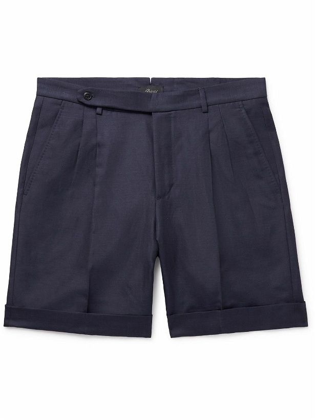 Photo: Brioni - Slim-Fit Straight-Leg Pleated Wool, Linen and Silk-Blend Shorts - Blue
