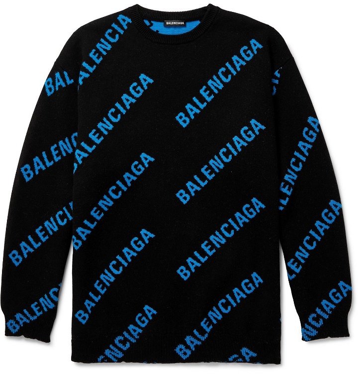 Photo: Balenciaga - Oversized Logo-Intarsia Cotton-Blend Sweater - Blue