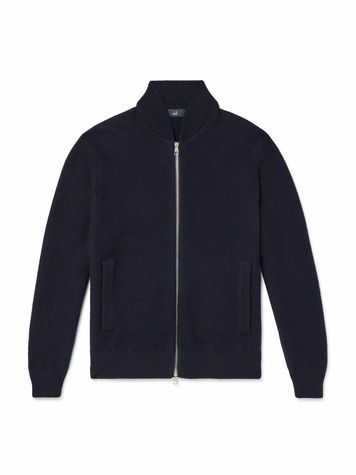 DUNHILL - Leather-Trimmed Ribbed Wool Zip-Up Cardigan - Blue Dunhill