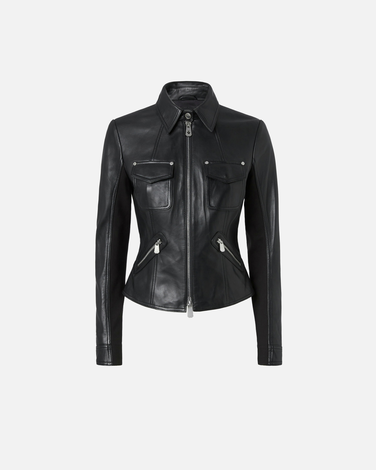 Pinko Short Leather And Technical Fabric Biker Jacket Limo Black