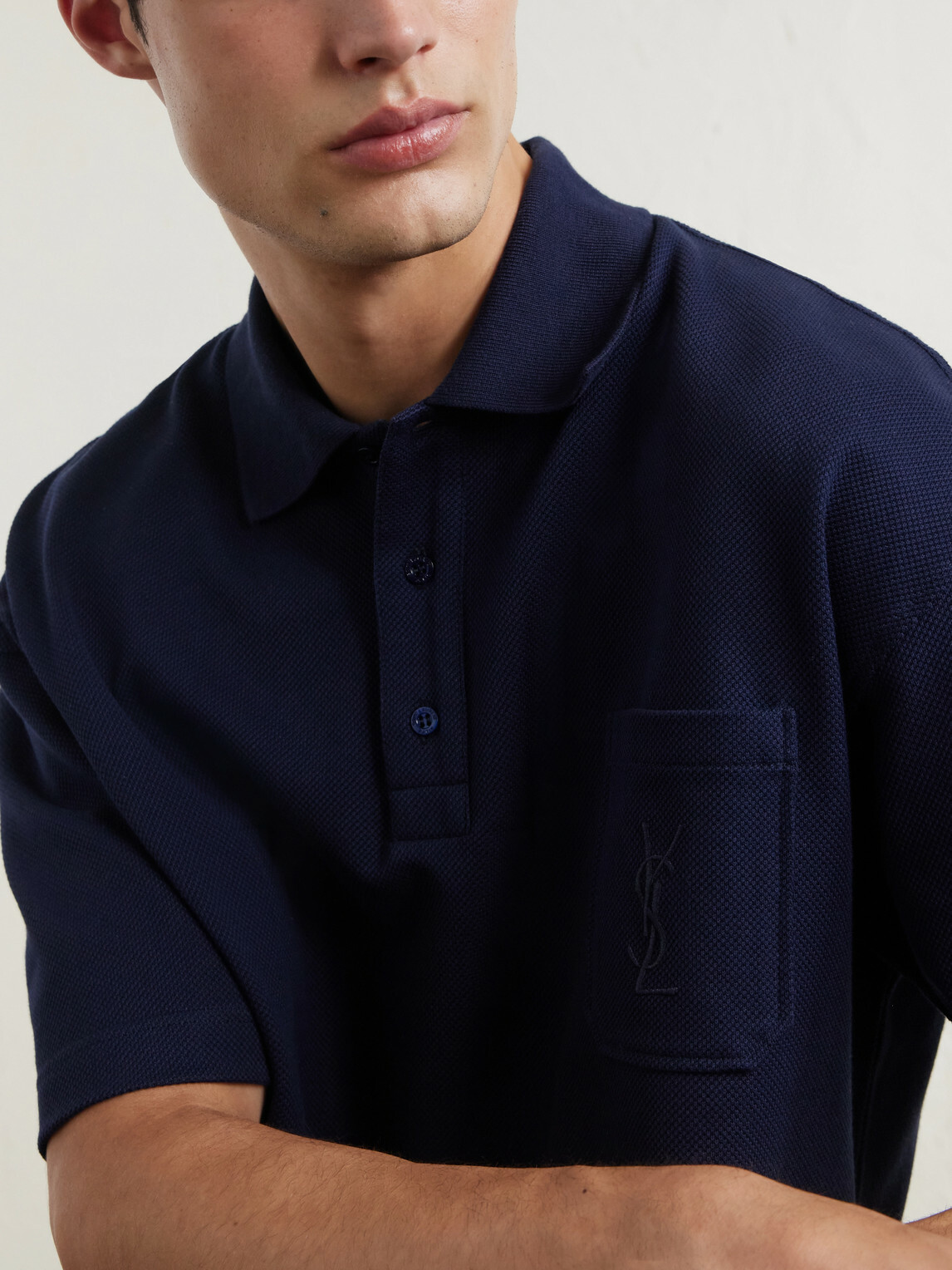 SAINT LAURENT - Cassandre-Embroidered Cotton-Piqué Polo Shirt - Blue
