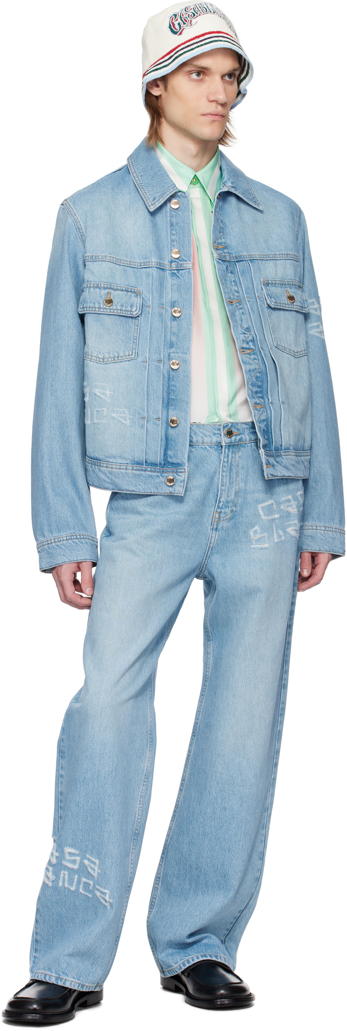 Casablanca Blue Graffiti Distressed Denim Jacket