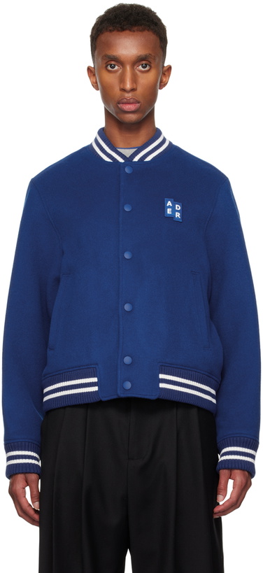Photo: ADER error Blue TRS Tag 01 Varsity Bomber Jacket