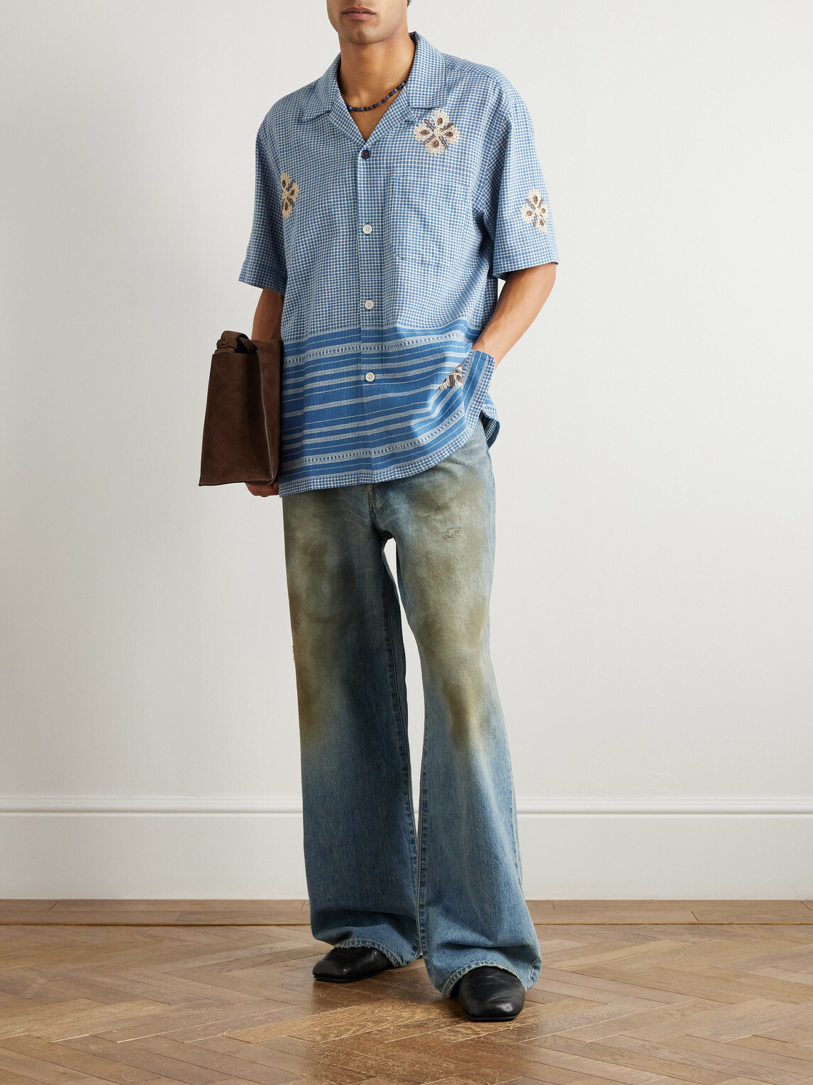 Kardo - Ayo Camp-Collar Embroidered Cotton Shirt - Blue
