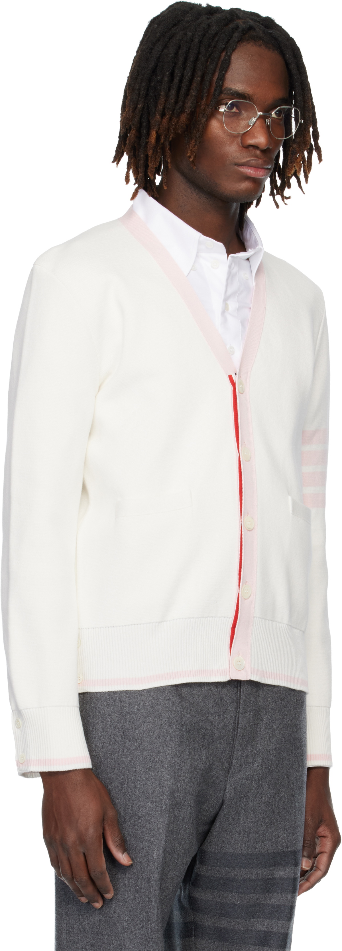 Thom Browne White Cotton 4-Bar Milano Classic V-Neck Cardigan