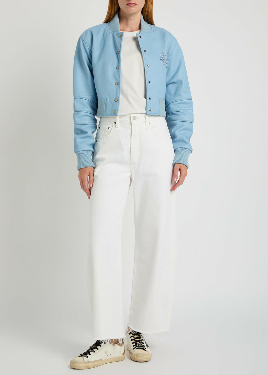 AN-Y1 Queen Stud-embellished Leather Cropped Bomber Jacket Light Blue
