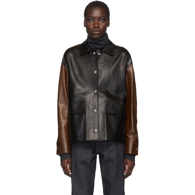 Jil Sander Brown and Black Leather Bi-Color Likke Boxy Jacket Jil