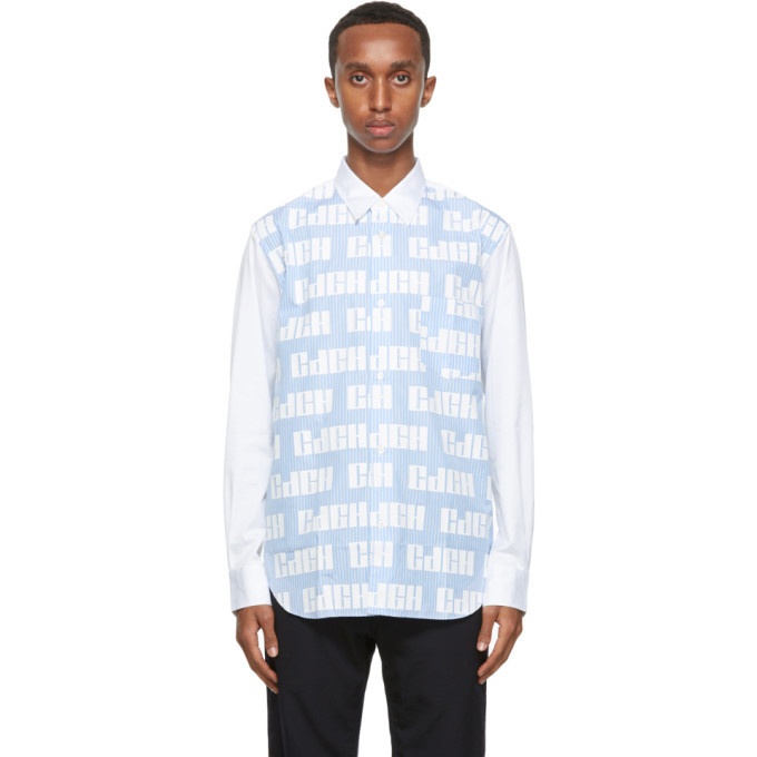 Photo: Comme des Garcons Homme White and Blue Striped Logo Pattern Shirt