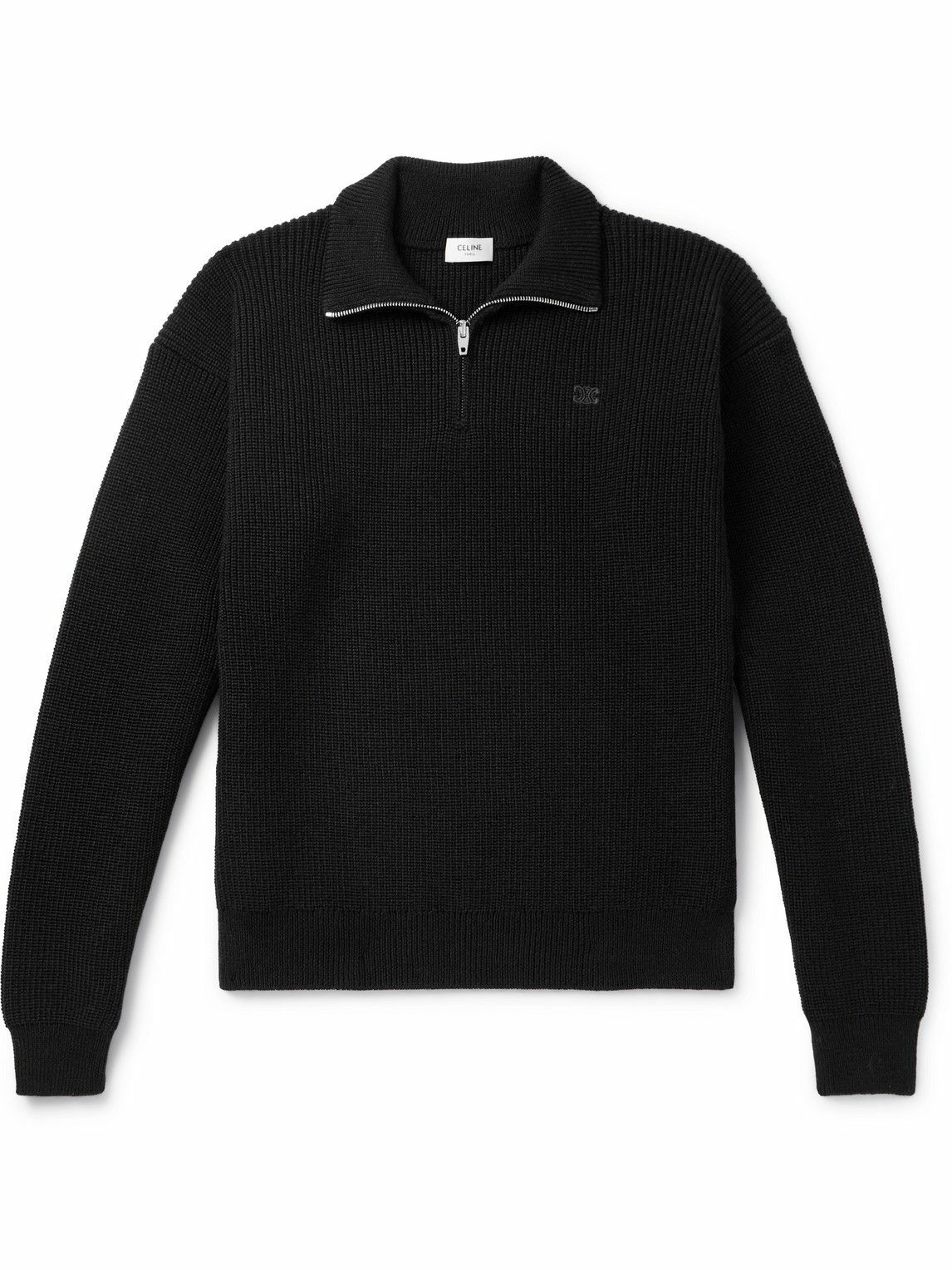 CELINE - Logo-Embroidered Ribbed Wool Half-Zip Sweater - Black Celine CELINE - Logo-Embroidered Ribbed Wool Half-Zip Sweater - Black Celine