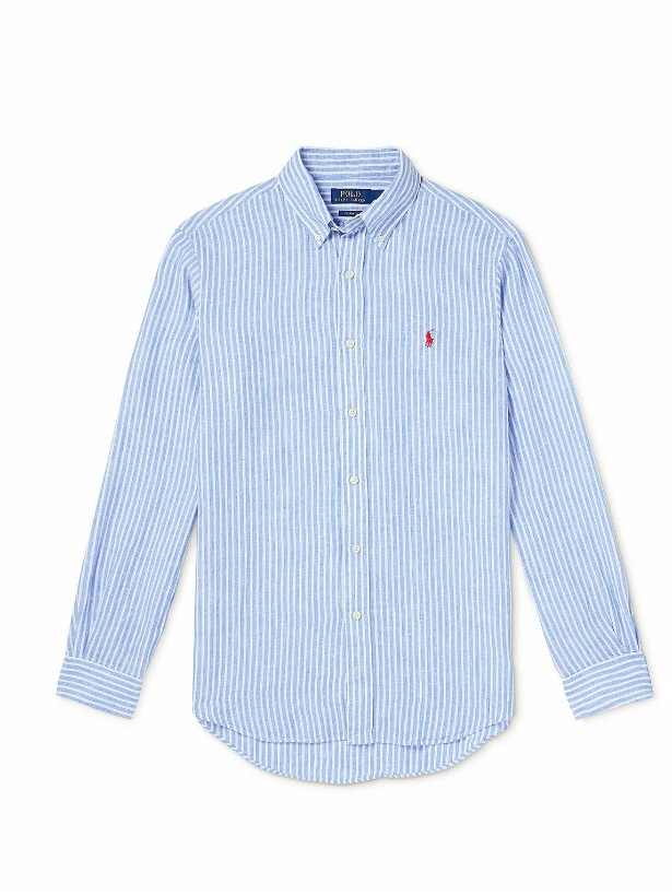Photo: Polo Ralph Lauren - Button-Down Collar Logo-Embroidered Striped Linen Shirt - Blue