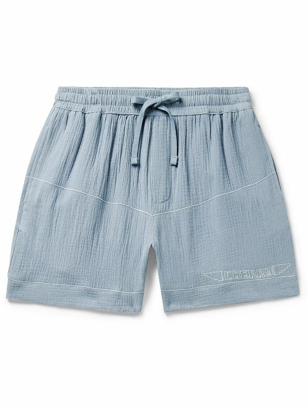 Photo: CHERRY LA - Vacation Straight-Leg Logo-Embroidered Cotton-Gauze Drawstring Shorts - Blue
