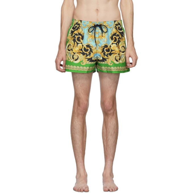Photo: Versace Underwear Green and Blue Barocco Swim Shorts