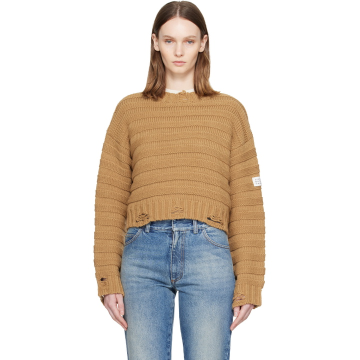 Photo: MM6 Maison Margiela Beige Ribbed Horizontal Links Crewneck