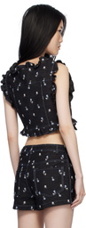 Anna Sui Black Embroidered Roses Cropped Denim Vest