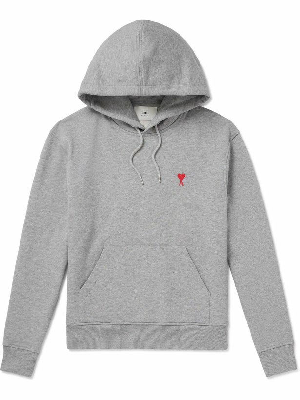 Photo: AMI PARIS - Logo-Embroidered Cotton-Blend Jersey Hoodie - Gray