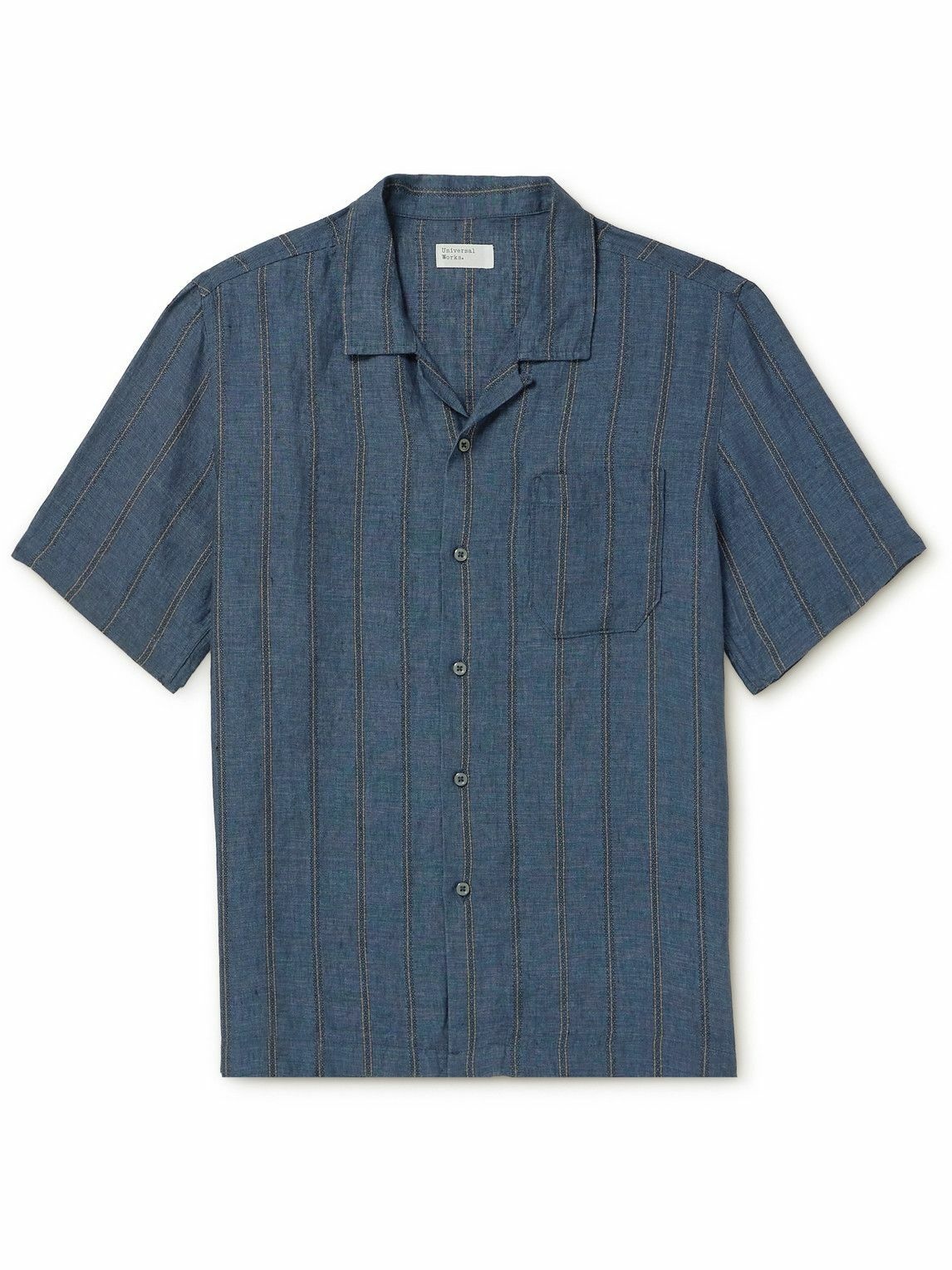 Photo: Universal Works - Road Camp-Collar Embroidered Linen Shirt - Blue