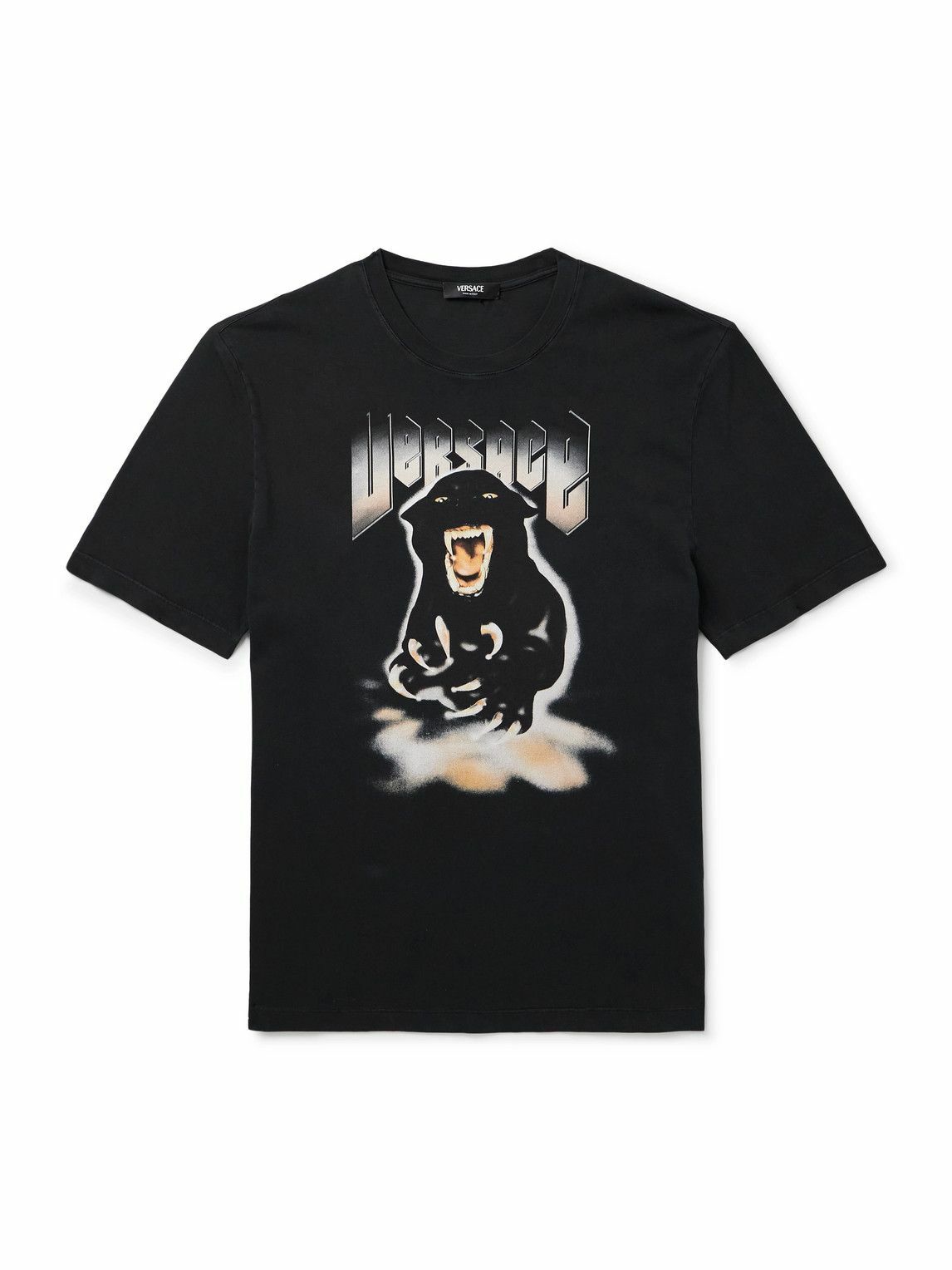 VERSACE ロゴ コットンTシャツ Versace - Logo-Embroidered Cotton-Jersey T-Shirt - Black Versace